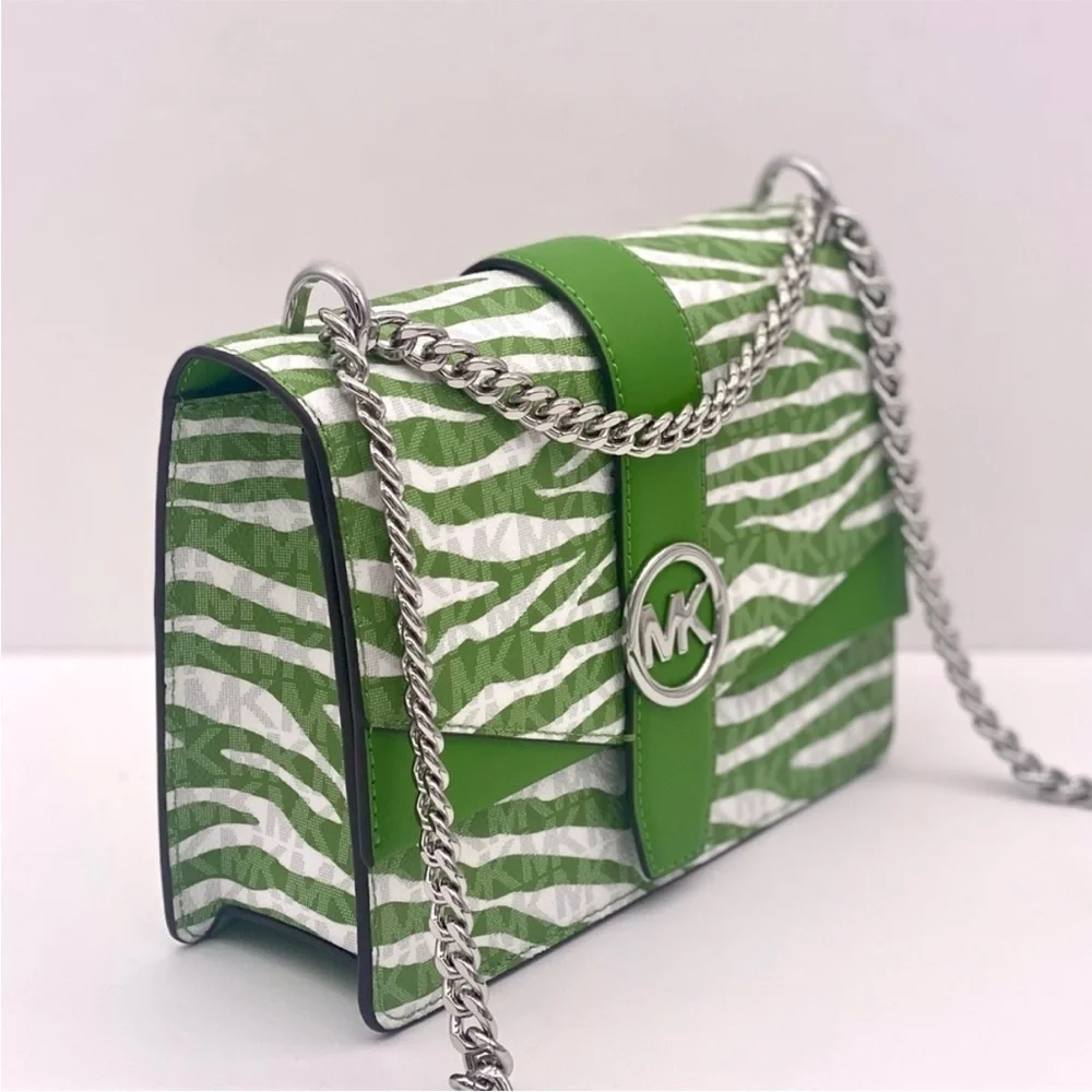 Michael Kors Green Zebra Crossbody Bag with Silver Chain